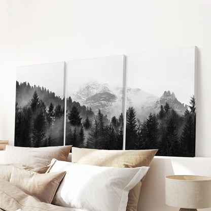 Misty Mountain Forest Wall Art Set of 3 Black and White