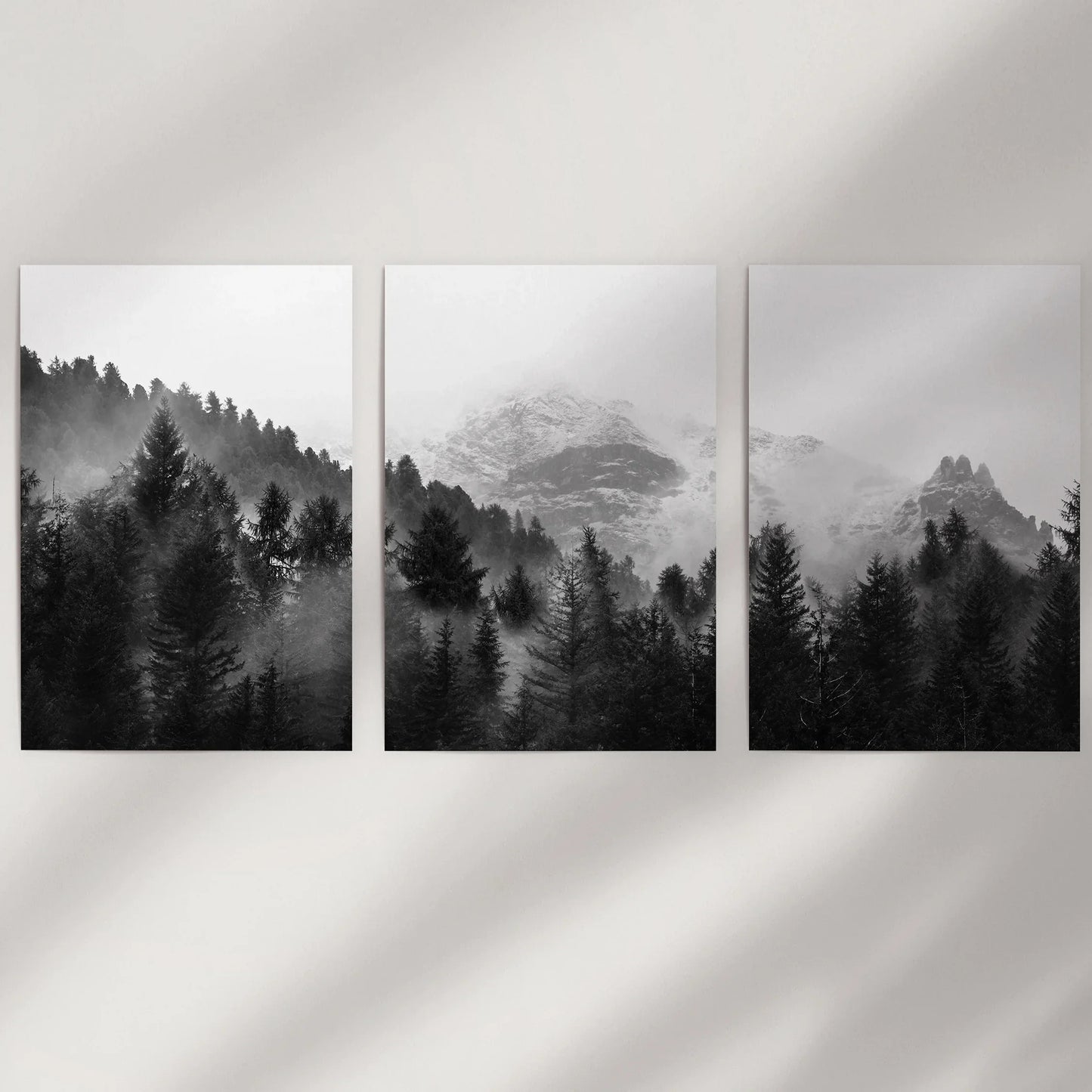 Misty Mountain Forest Wall Art Set of 3 Black and White
