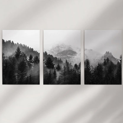 Misty Mountain Forest Wall Art Set of 3 Black and White
