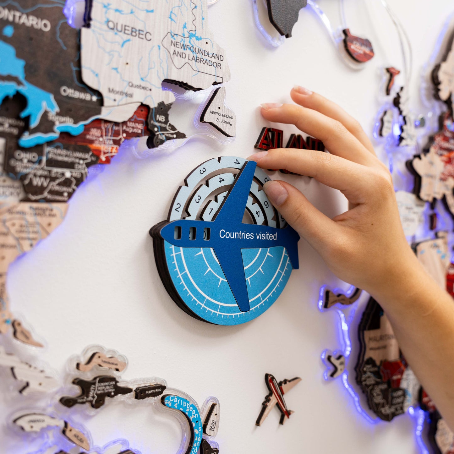 Wooden World Map Wall Art - Azure