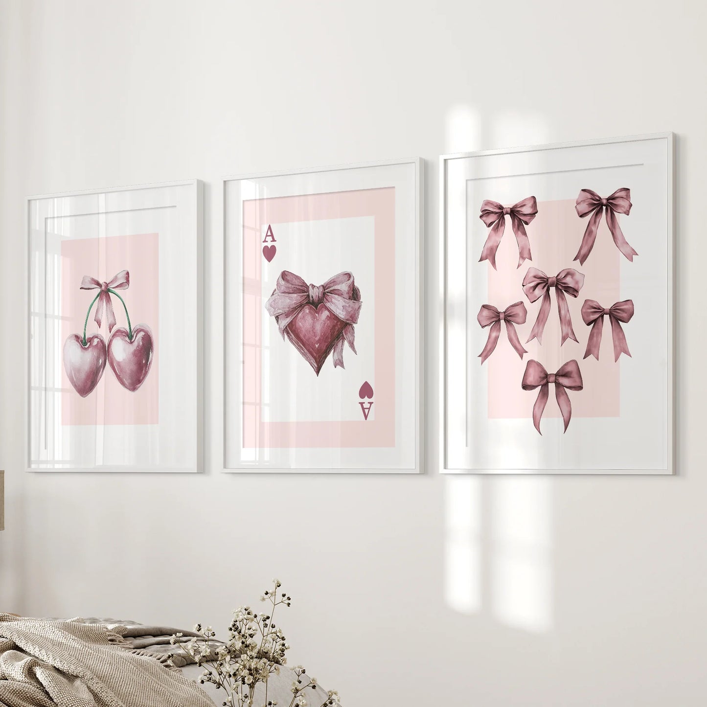 Coquette Cherry Wall Art Set of 3 Pink Romantic Decor