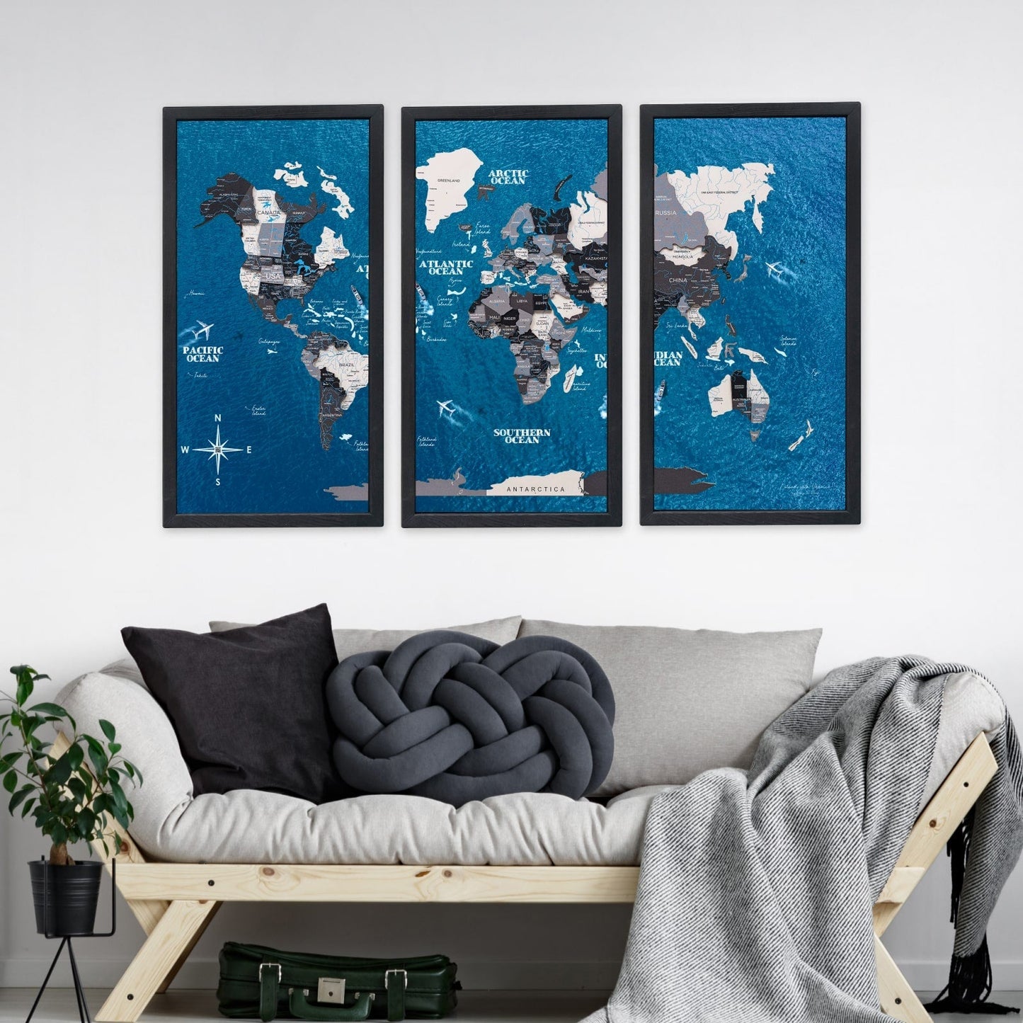 Wooden World Map Triptych Wall Art - Nordik