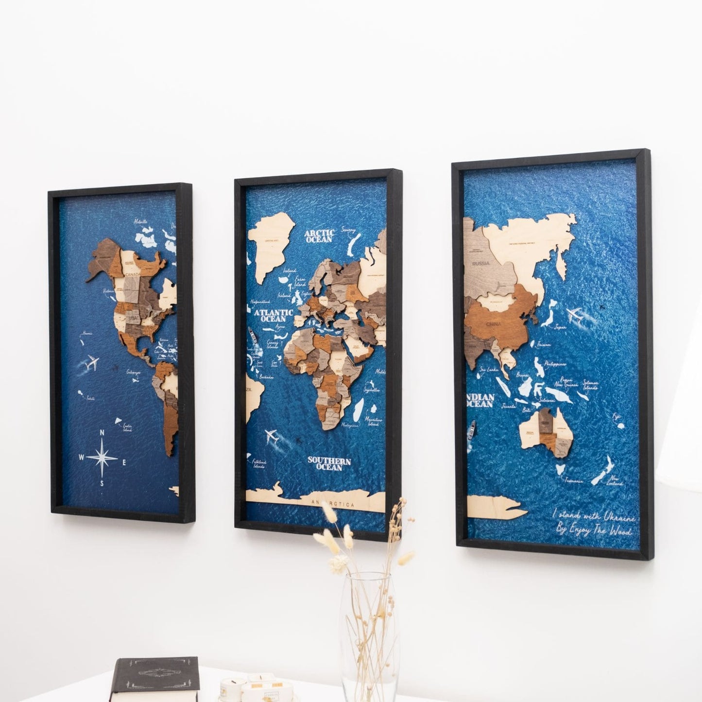 3D Canvas Triptych World Map Wall Art - Multicolor