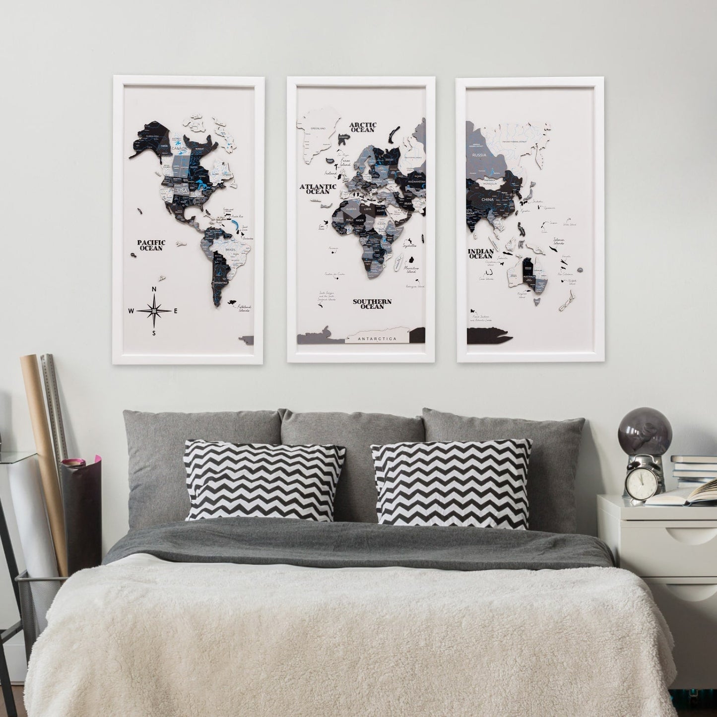 Wooden World Map Triptych Wall Art - Nordik