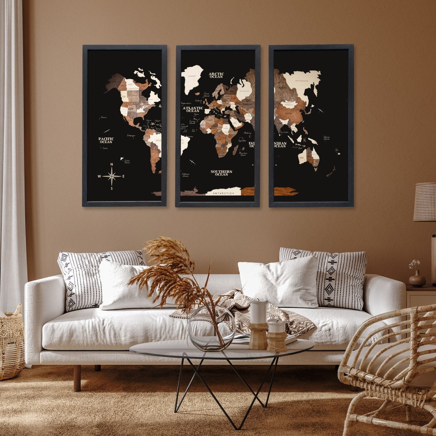 3D Canvas Triptych World Map Wall Art - Multicolor