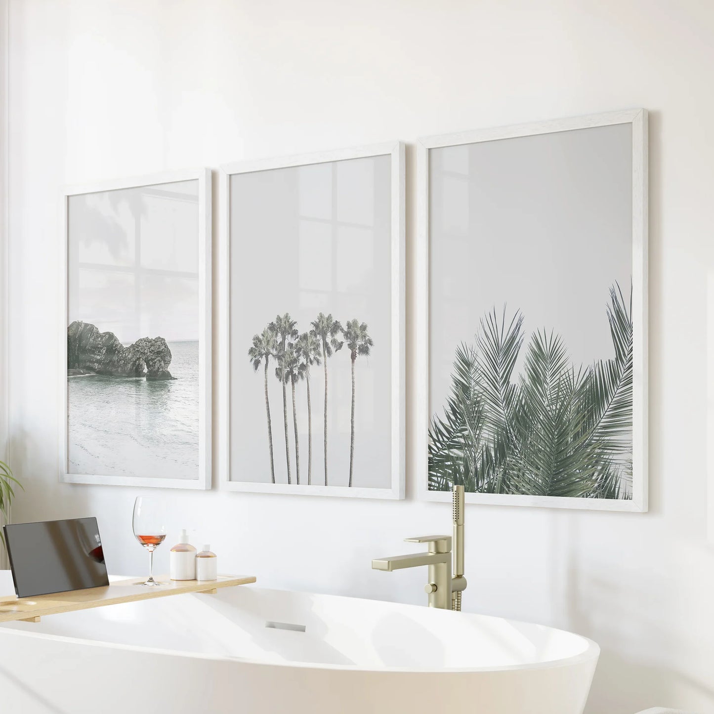 Modern Coastal Wall Art Set of 3 Ocean and Palm Prints