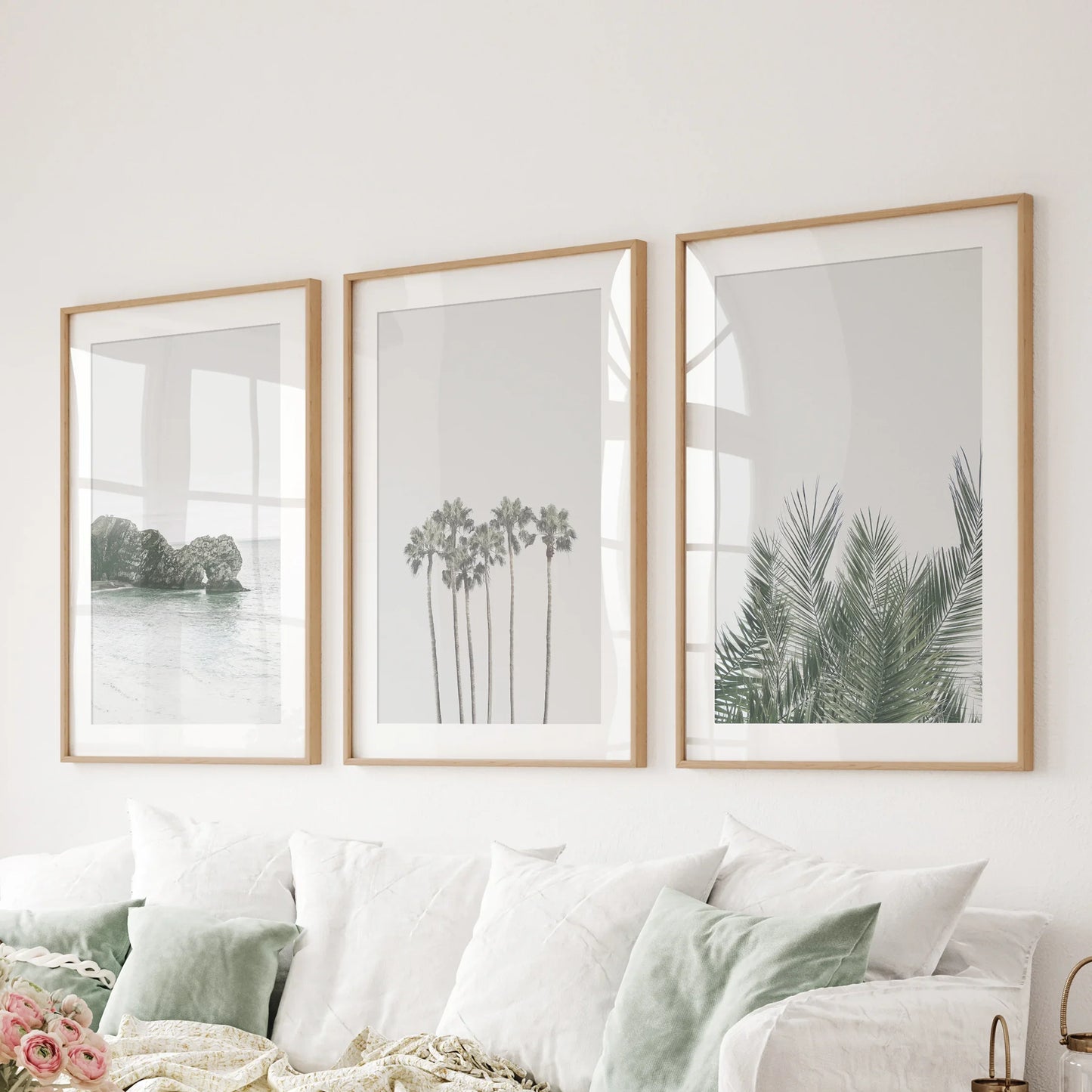 Modern Coastal Wall Art Set of 3 Ocean and Palm Prints