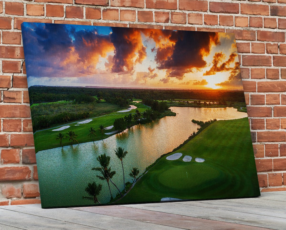Tropical golf course sunset canvas wall art framed decor