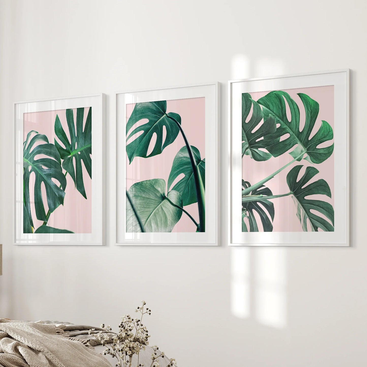 Pink Botanical Wall Art Set of 3 Green Monstera Prints