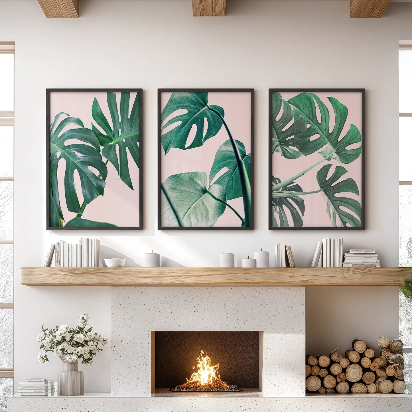 Pink Botanical Wall Art Set of 3 Green Monstera Prints