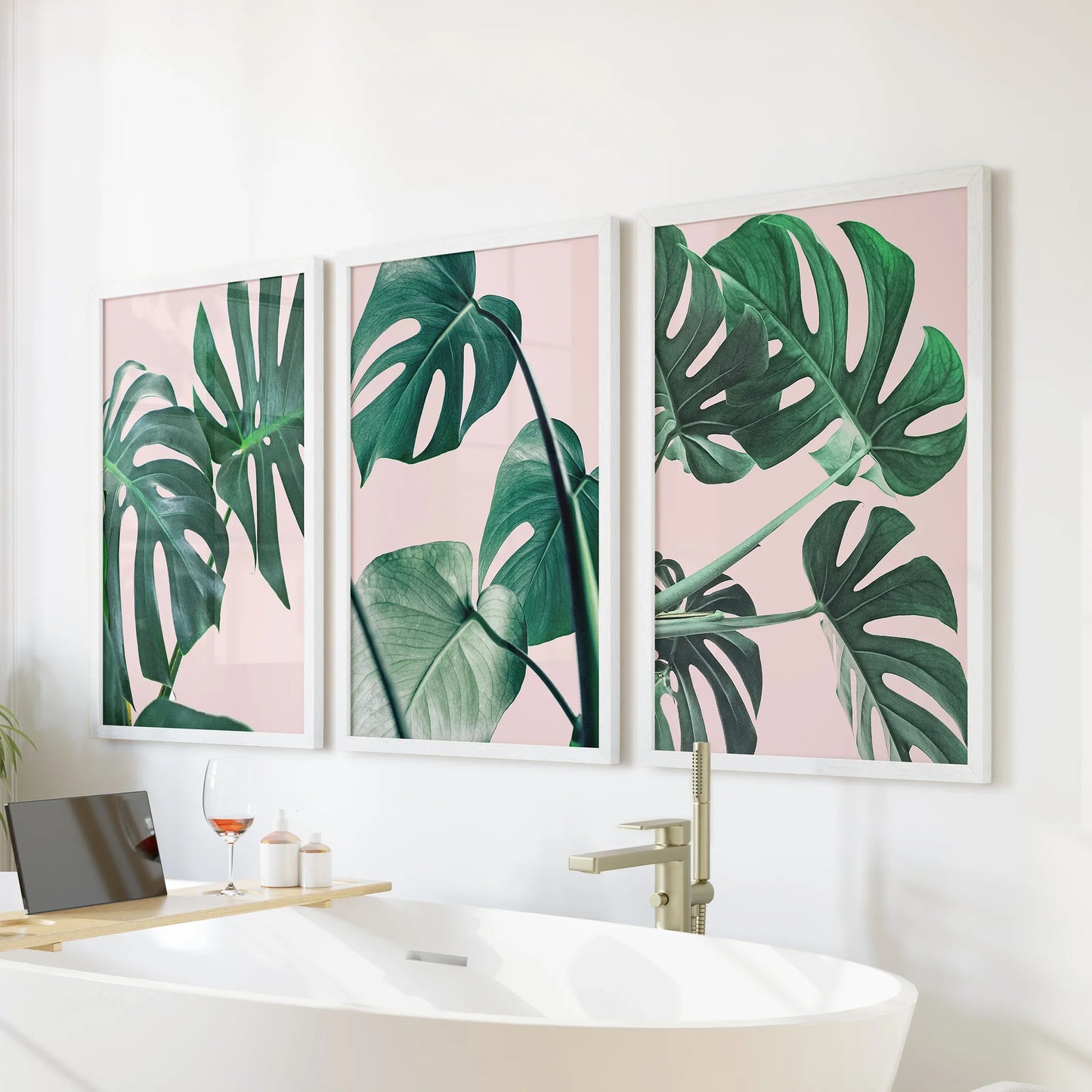 Pink Botanical Wall Art Set of 3 Green Monstera Prints