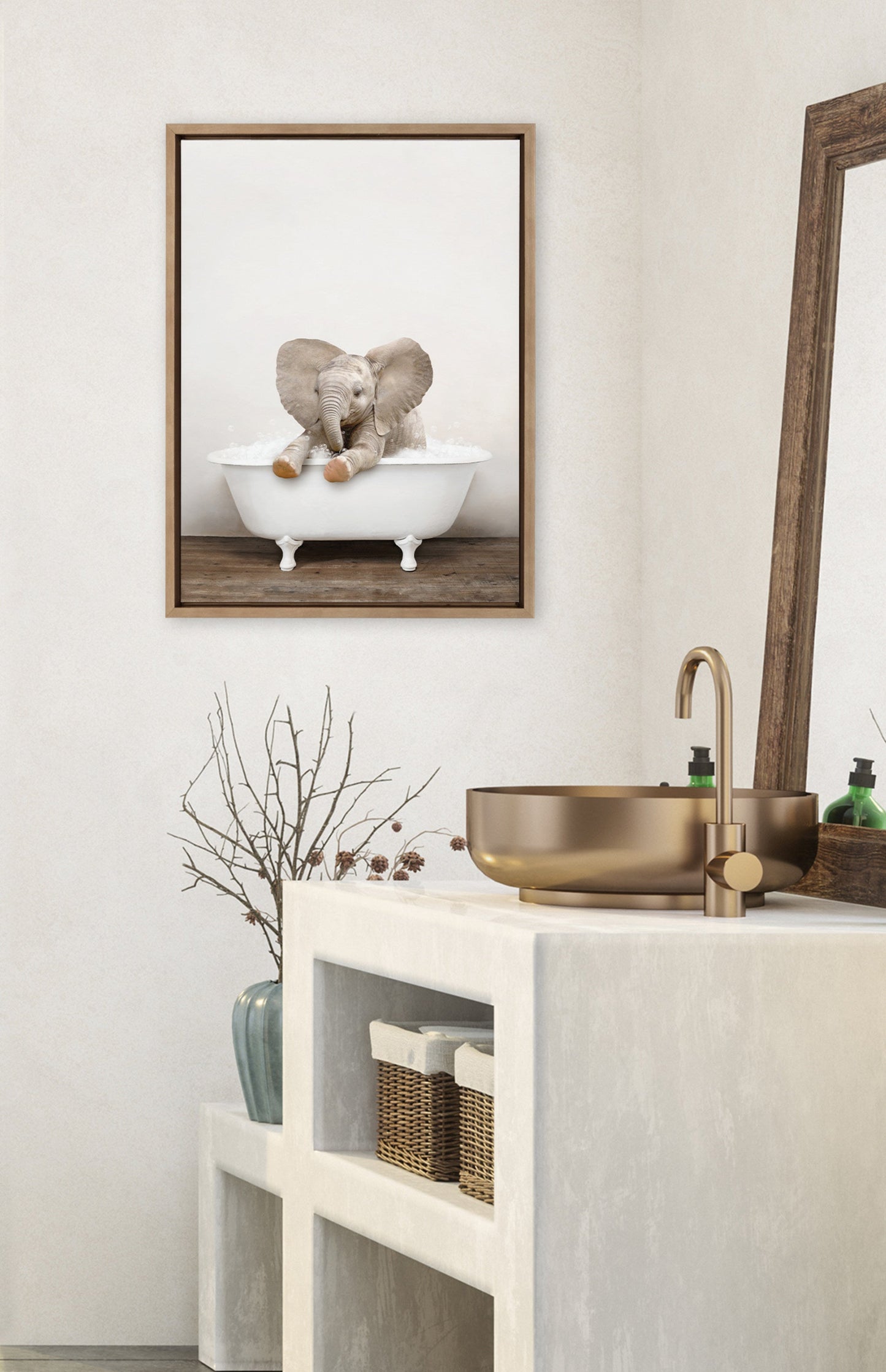 Baby Elephant in Rustic Bath Framed Canvas Wall Art
