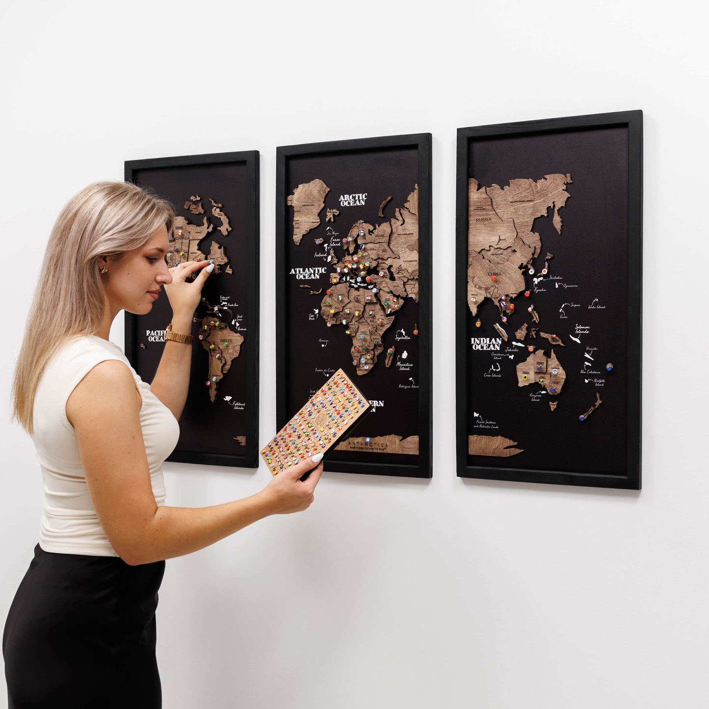 Wooden world map triptych wall art in dark walnut
