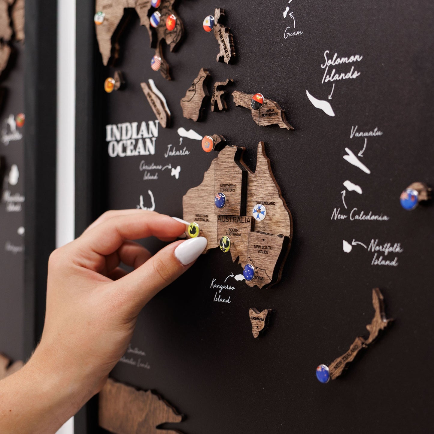 Wooden World Map Triptych Wall Art - Dark Walnut