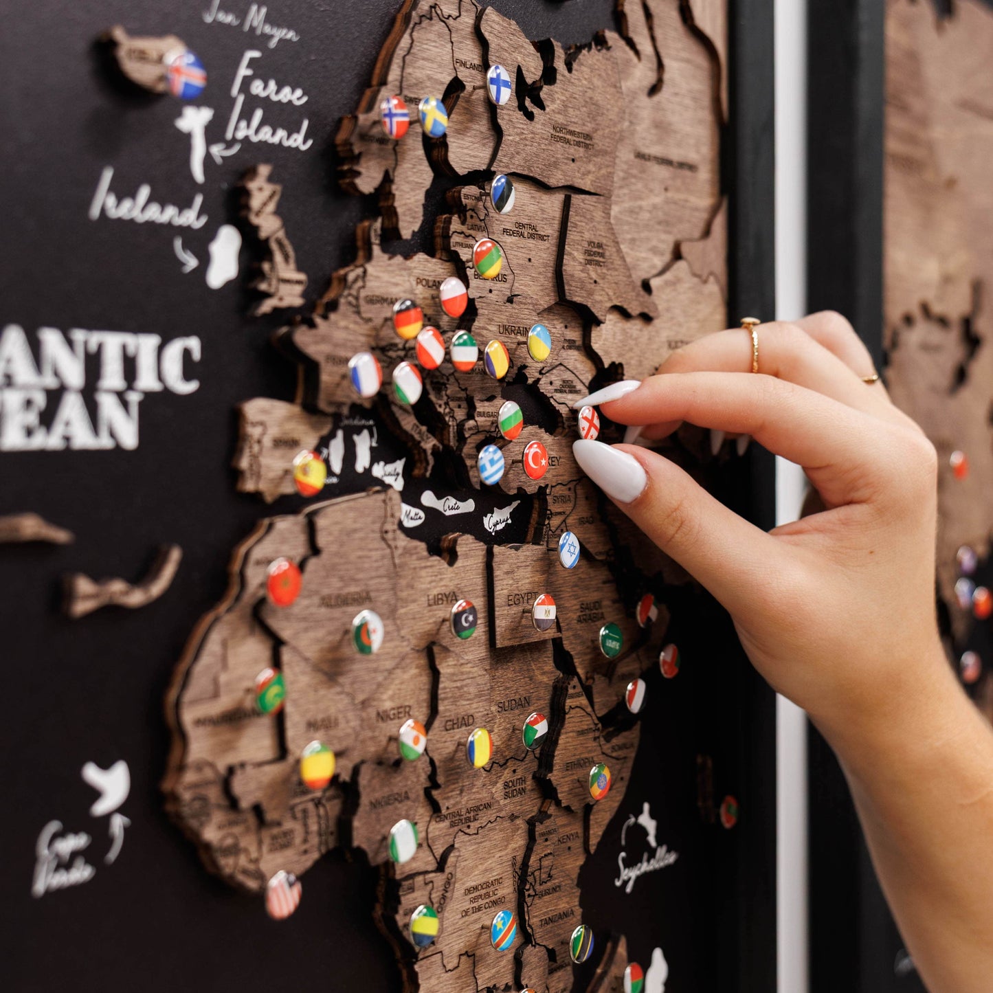 Wooden World Map Triptych Wall Art - Dark Walnut
