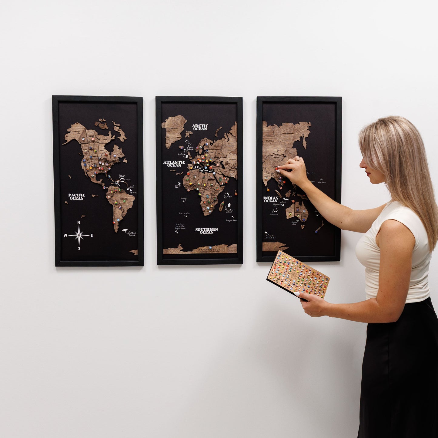 Wooden World Map Triptych Wall Art - Dark Walnut