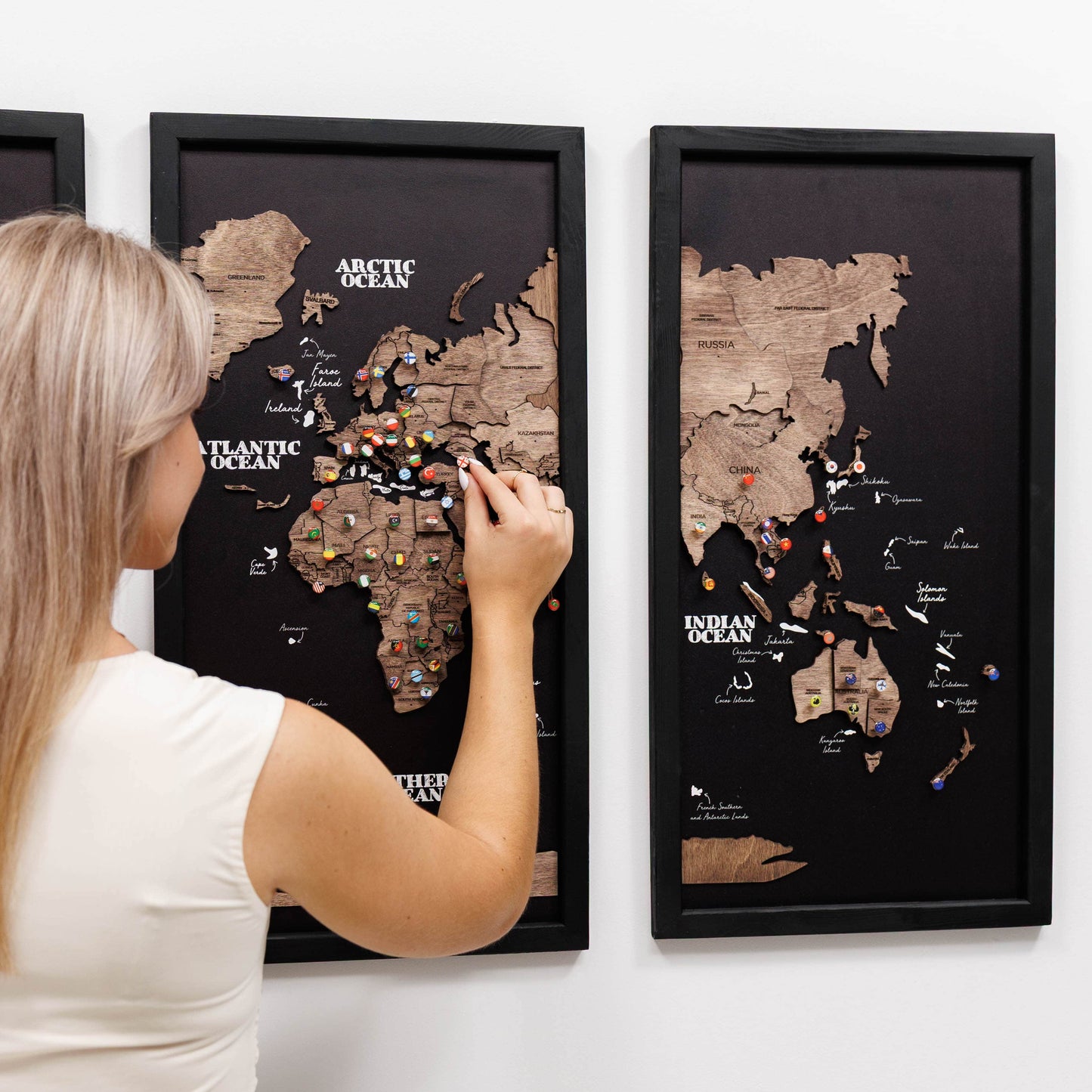 Wooden World Map Triptych Wall Art - Dark Walnut