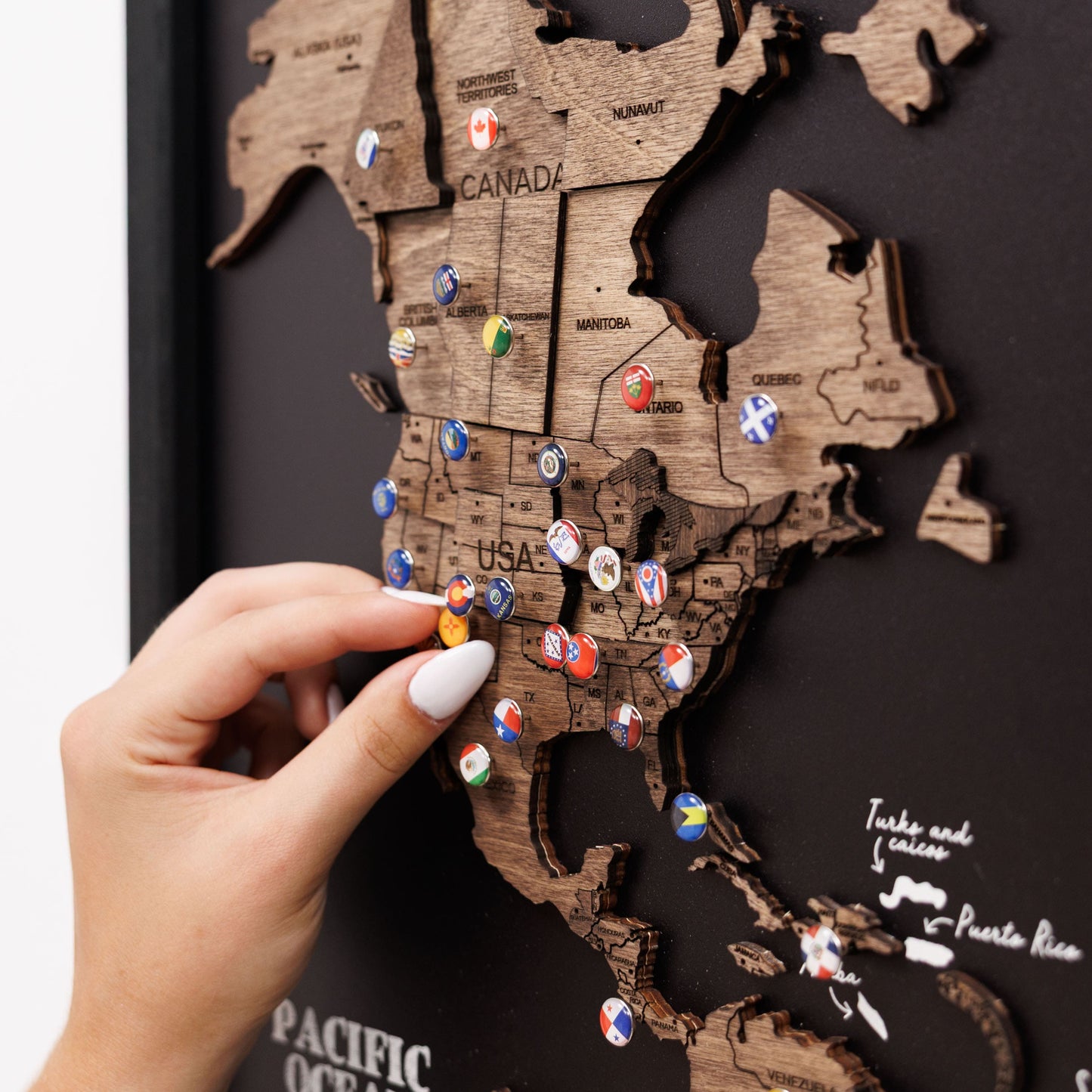 Wooden World Map Triptych Wall Art - Dark Walnut