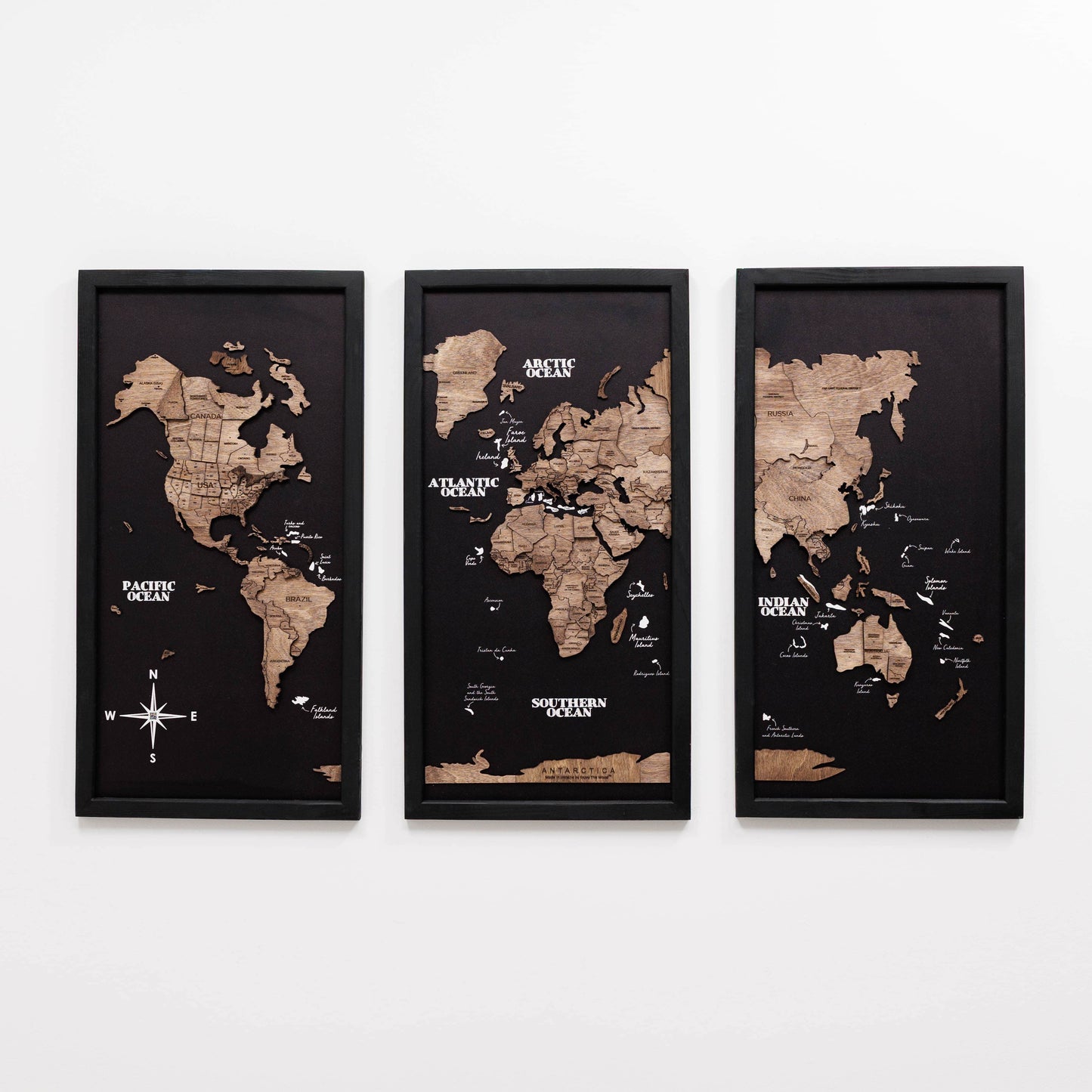 Wooden World Map Triptych Wall Art - Dark Walnut