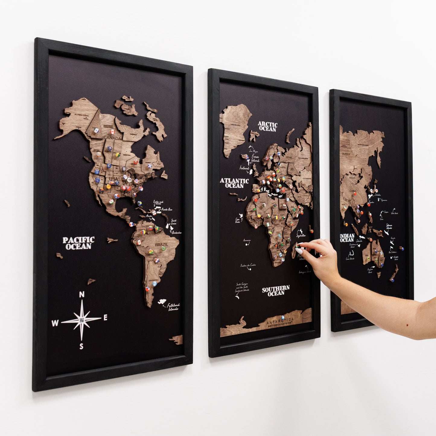 Wooden World Map Triptych Wall Art - Dark Walnut