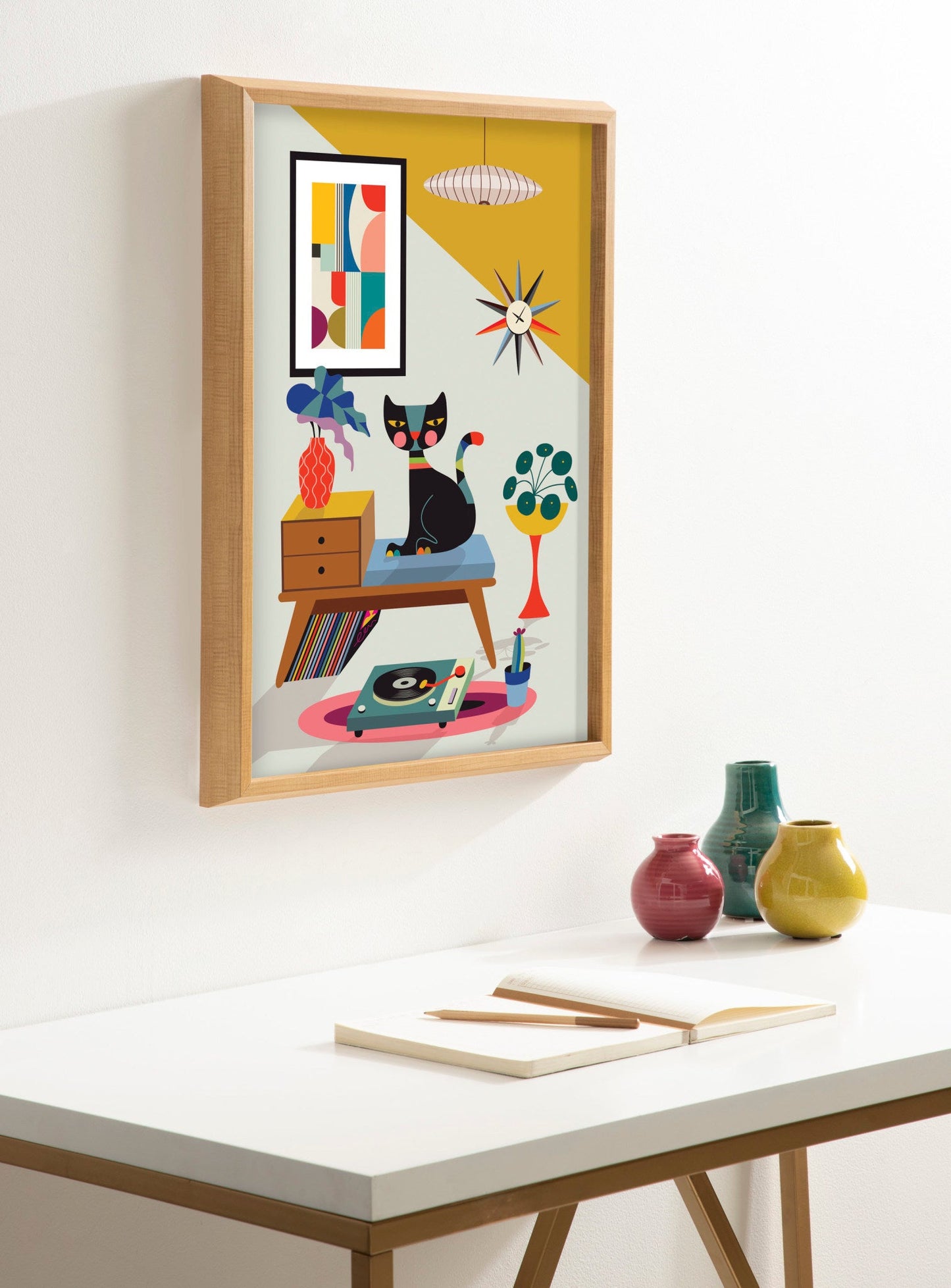 Record Player Cat Framed Wall Art Print
