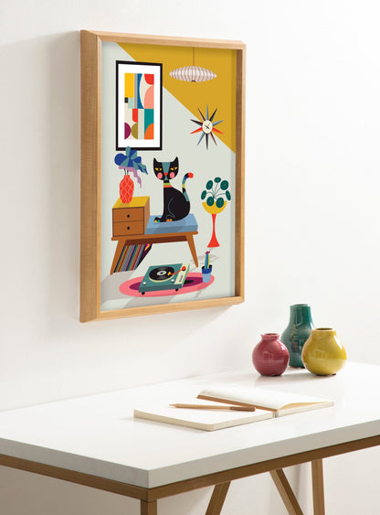 Record Player Cat Framed Wall Art Print