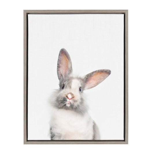 Framed canvas portrait of a soft-eyed rabbit for nursery and cottage wall decor