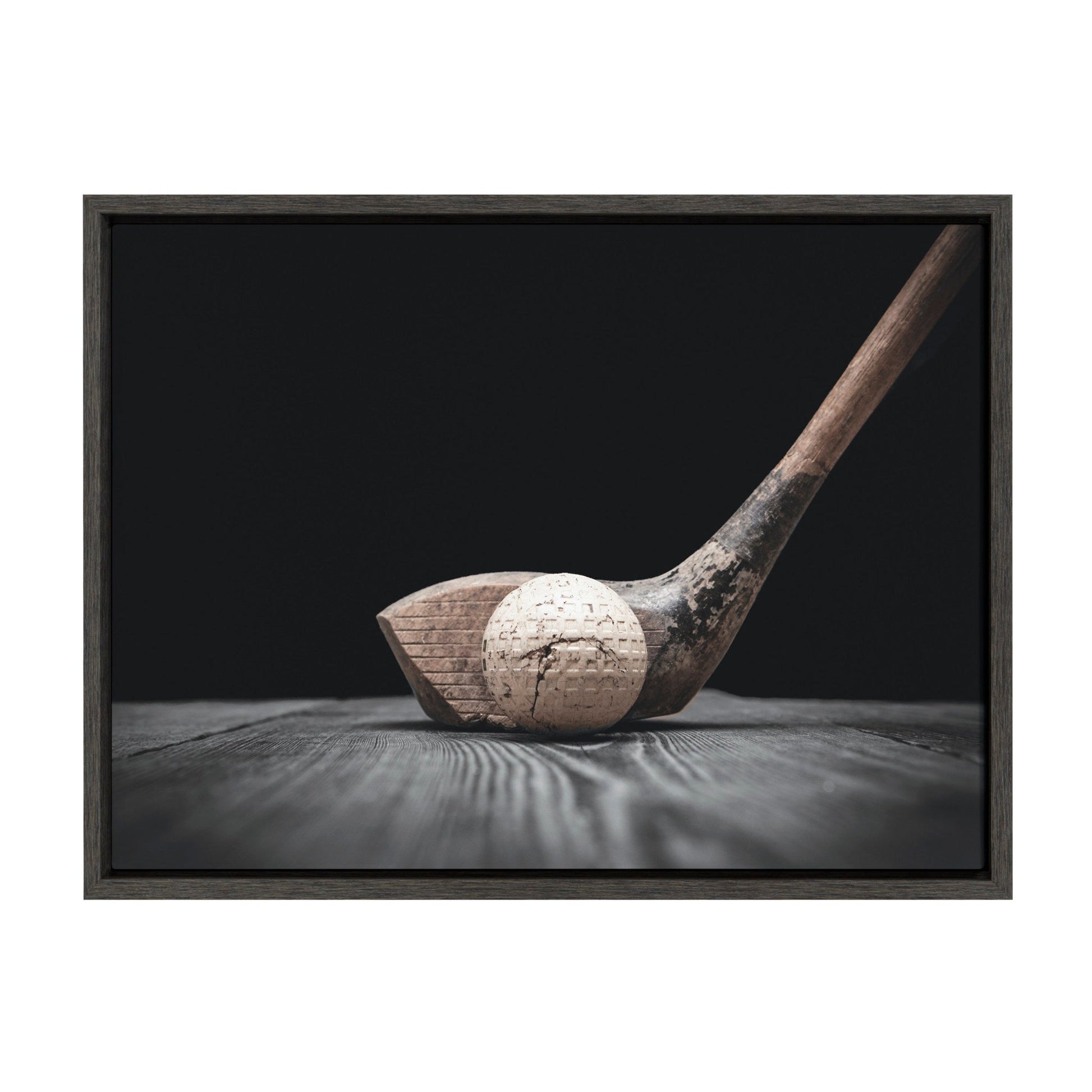 Vintage golf club and ball framed canvas wall art in a gray frame, ready to hang