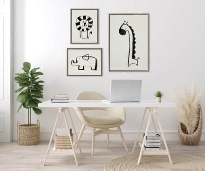 Giraffe, Lion and Elephant Black and White Canvas Set