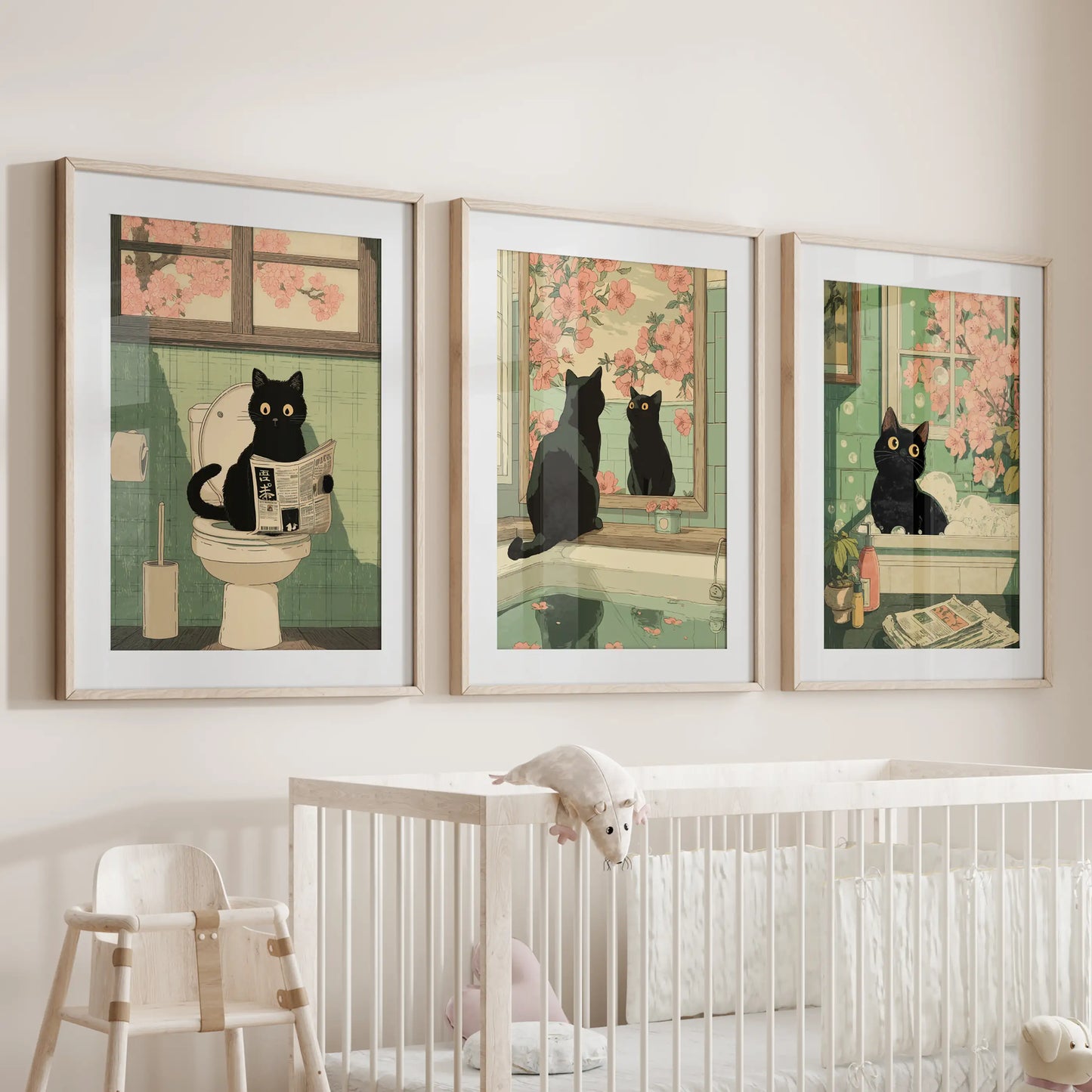 Funny Japanese Cat Bathroom Wall Art Set of 3