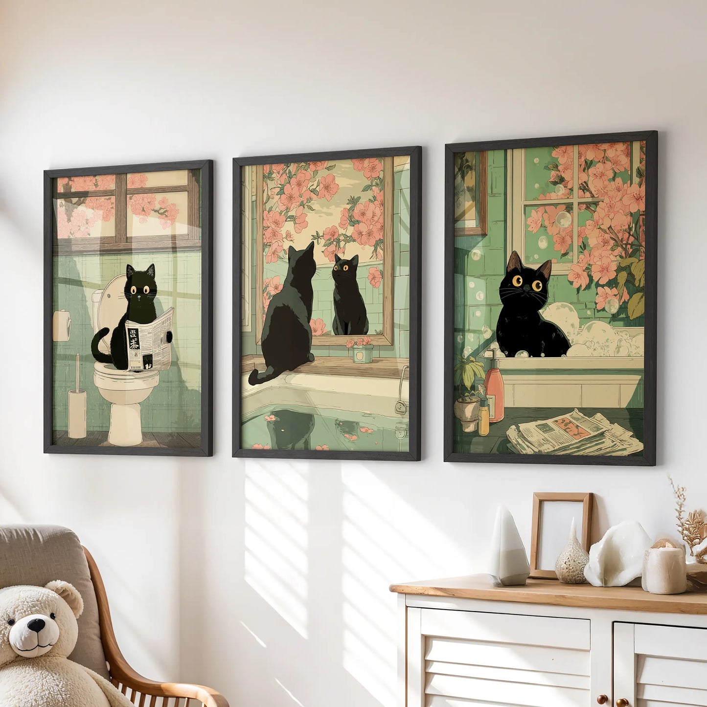 Funny Japanese Cat Bathroom Wall Art Set of 3