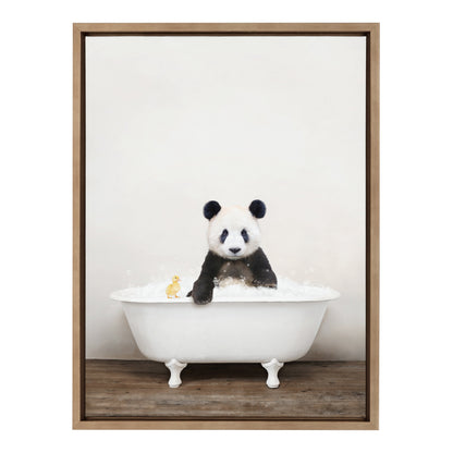 Panda Waving in Rustic Bath Framed Canvas Wall Art