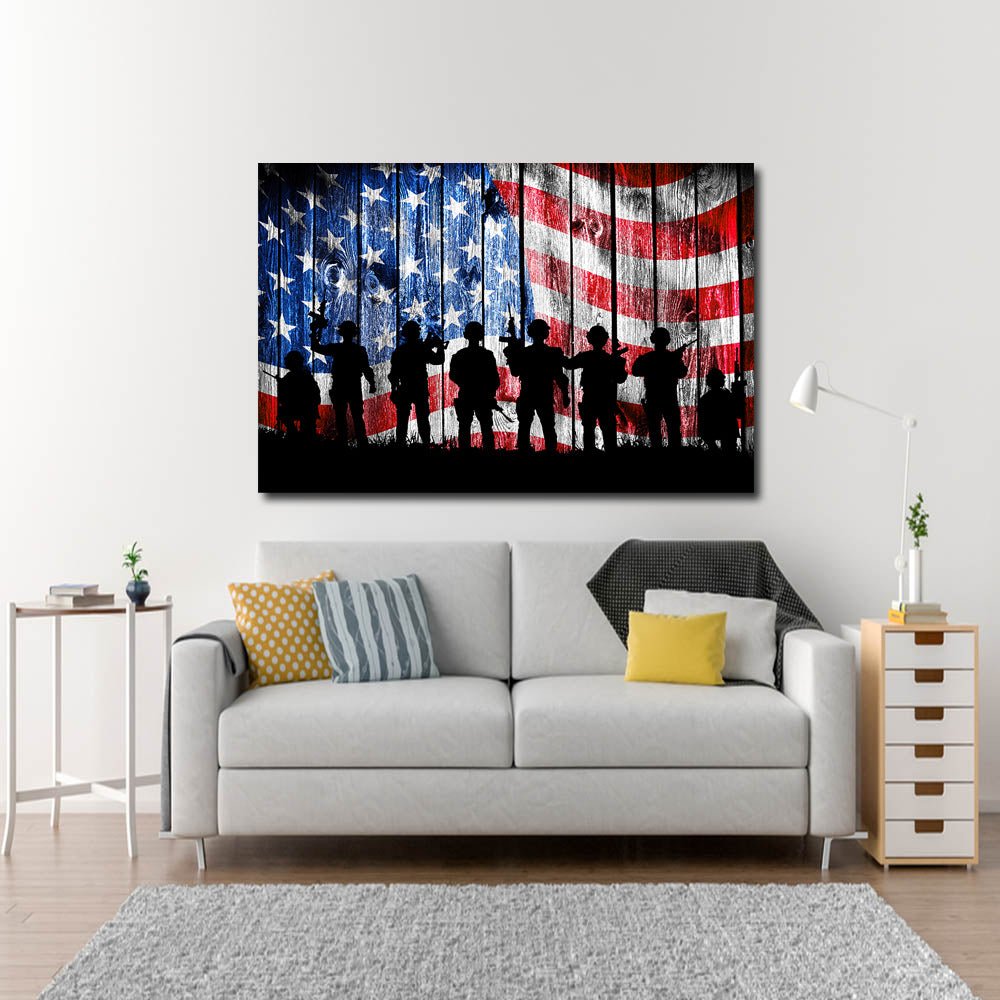 US Flag Soldier Silhouette Patriotic Canvas Wall Art