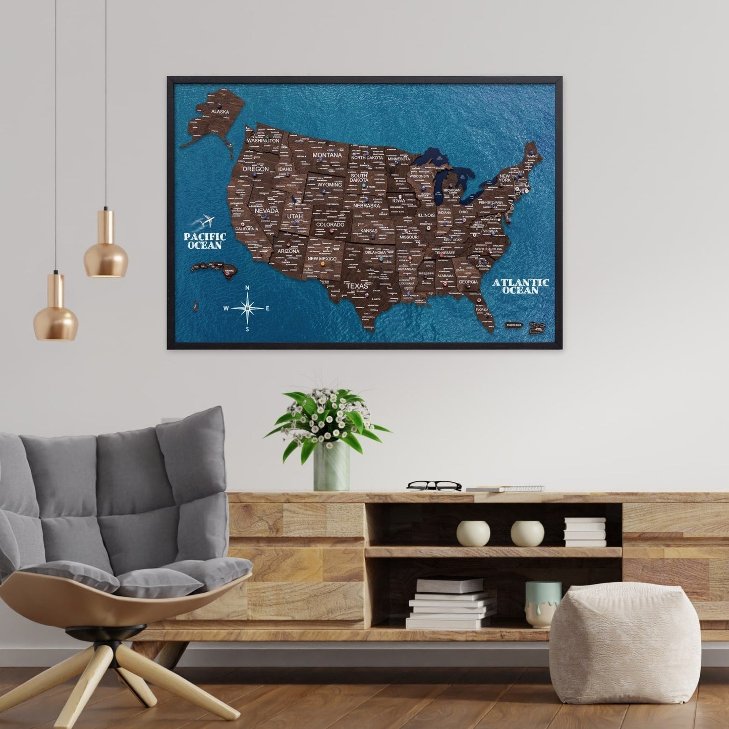 Wooden USA Map Wall Art on Board - Walnut