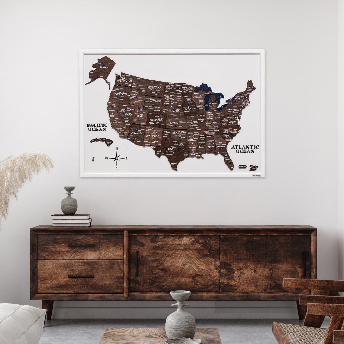 Wooden USA Map Wall Art on Board - Walnut
