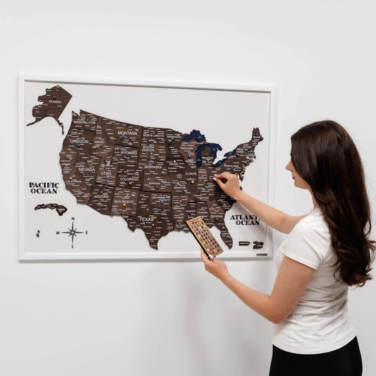 Wooden USA map wall art on board in dark walnut