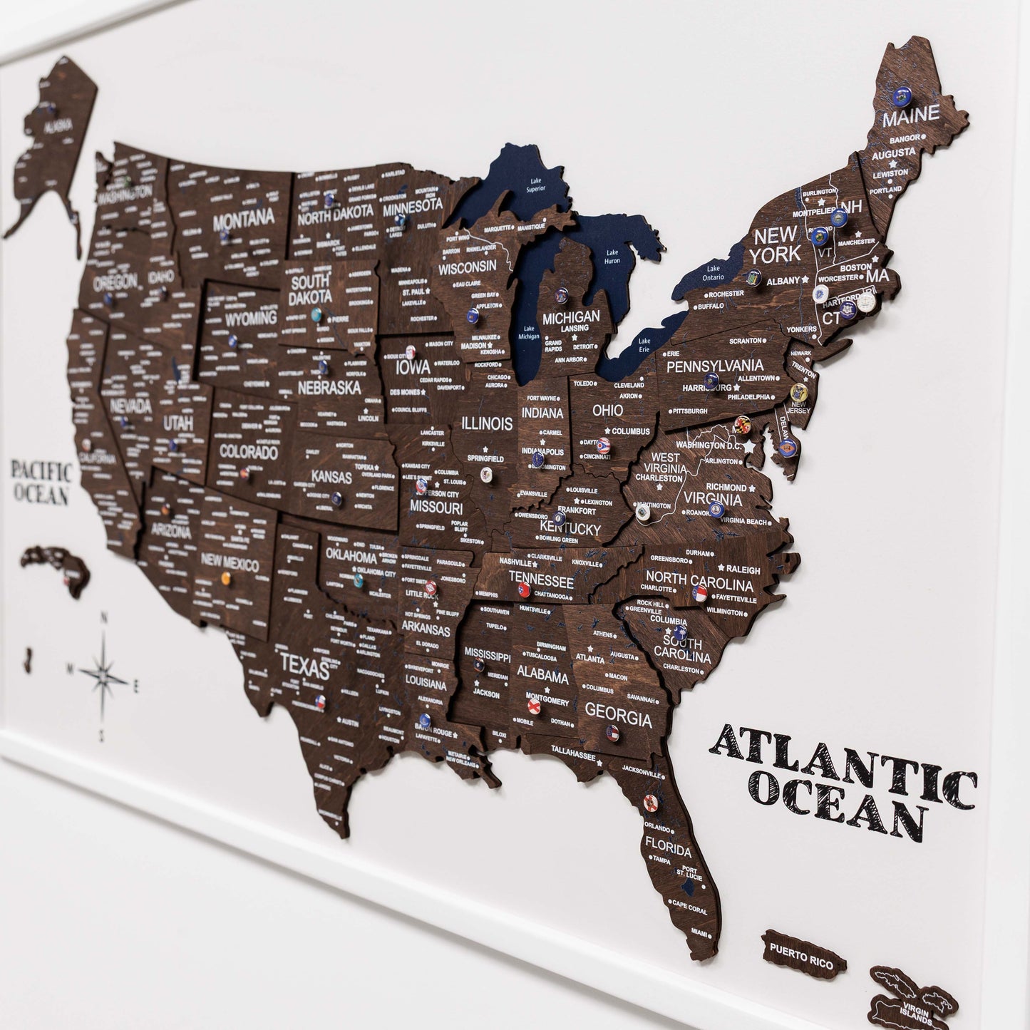 Wooden USA Map Wall Art on Board - Walnut