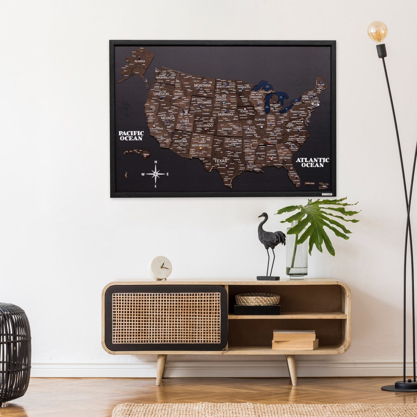 Wooden USA Map Wall Art on Board - Walnut