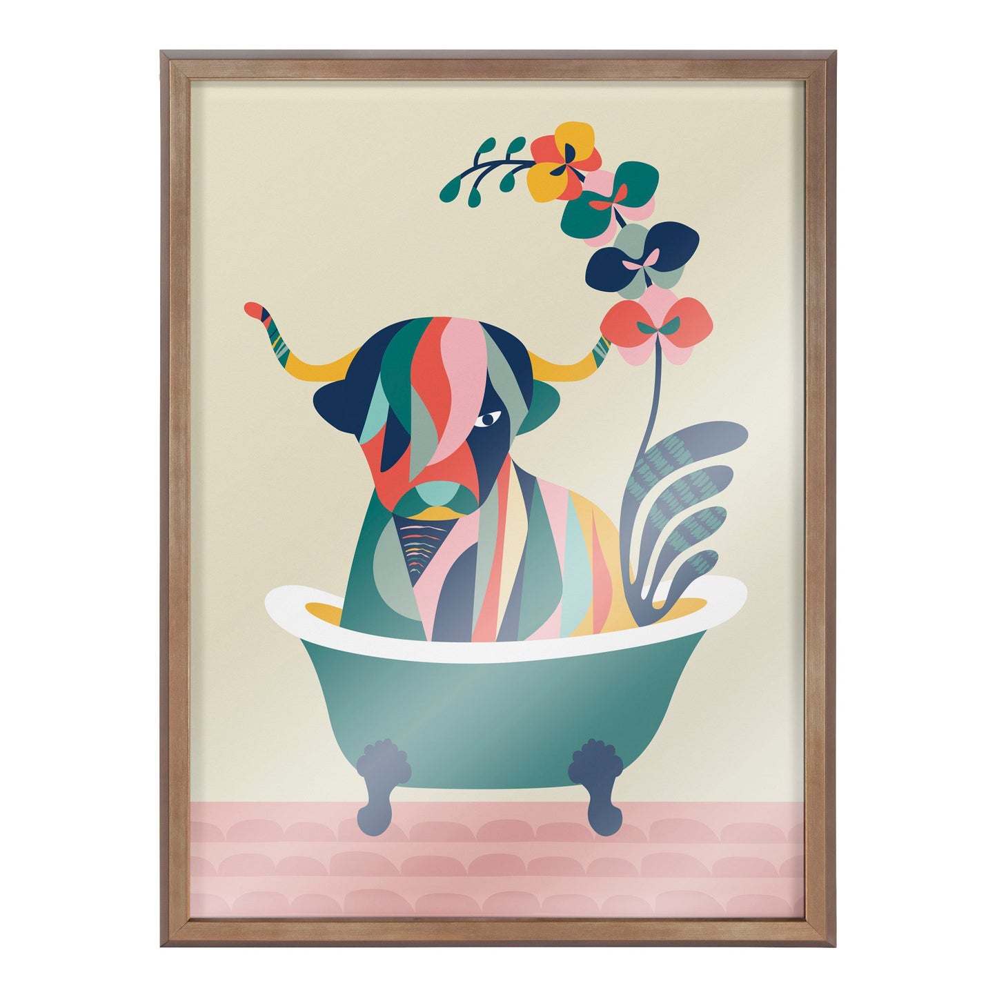 Mid Century Modern Cow in Bathtub Framed Glass Wall Art