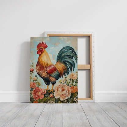 Sunlit Rooster Wall Art - Floral Farmhouse Print