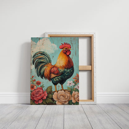 King Rooster Wall Art - Floral Farmhouse Print