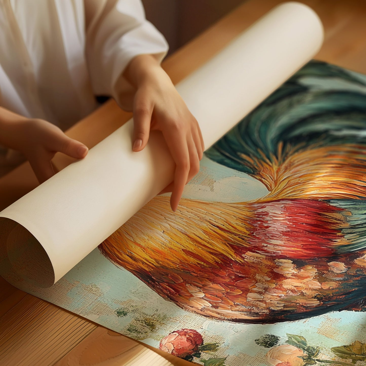 Sunlit Rooster Wall Art - Floral Farmhouse Print