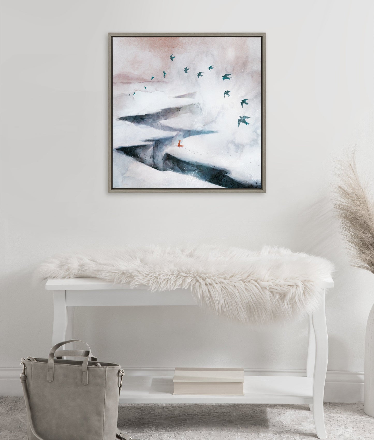 Snow Day Fox and Birds Framed Canvas Wall Art