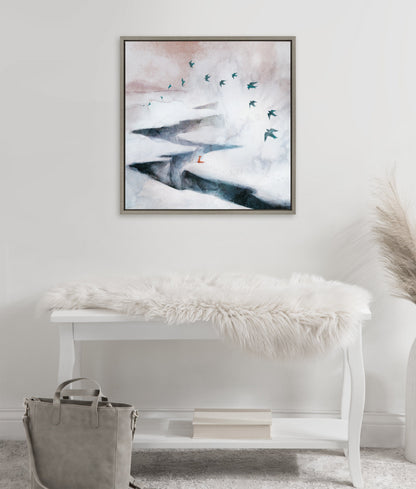 Snow Day Fox and Birds Framed Canvas Wall Art