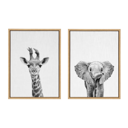 Baby Giraffe and Elephant Framed Canvas Art Set