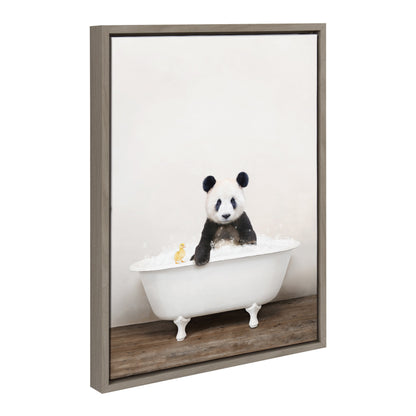 Panda Waving in Rustic Bath Framed Canvas Wall Art