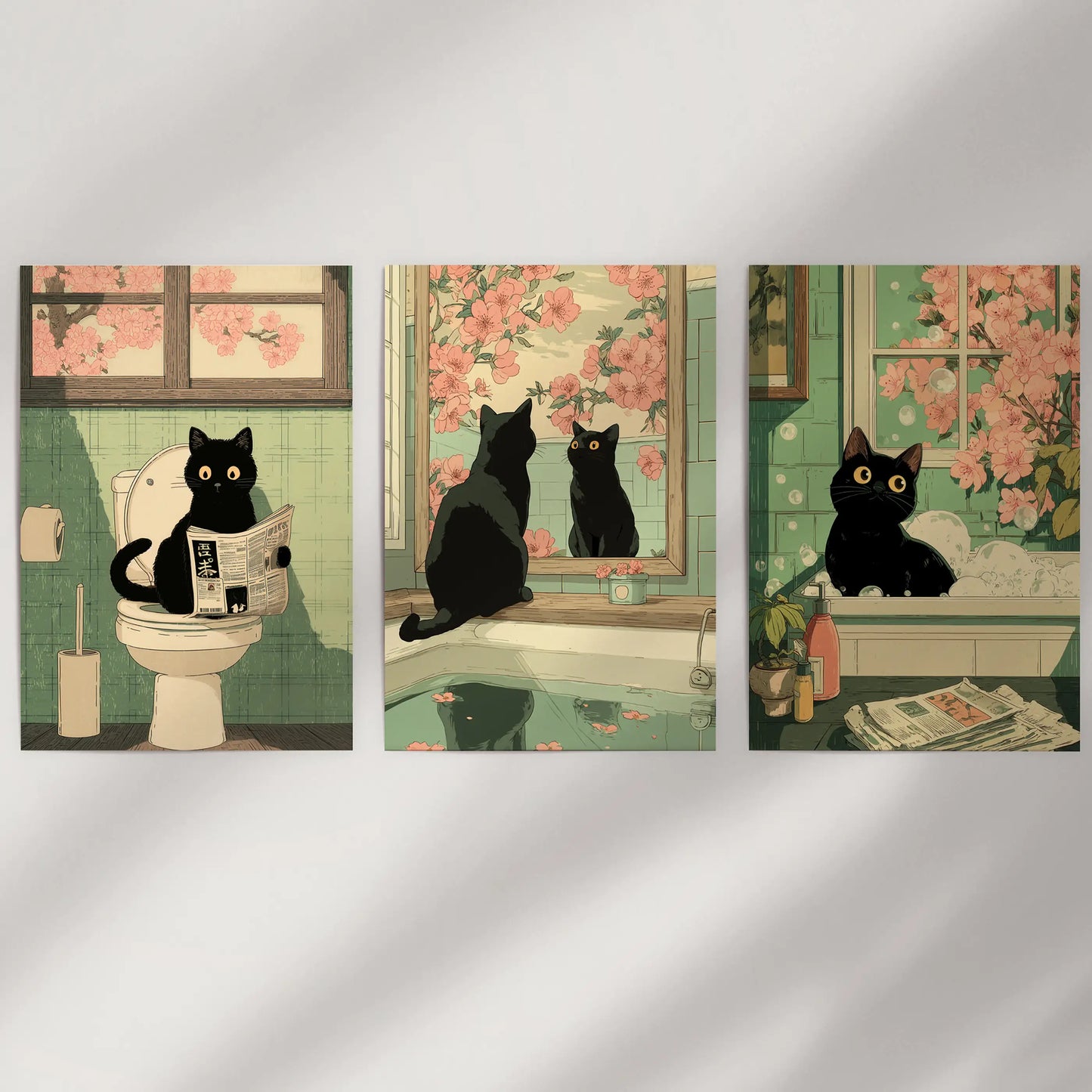 Funny Japanese Cat Bathroom Wall Art Set of 3