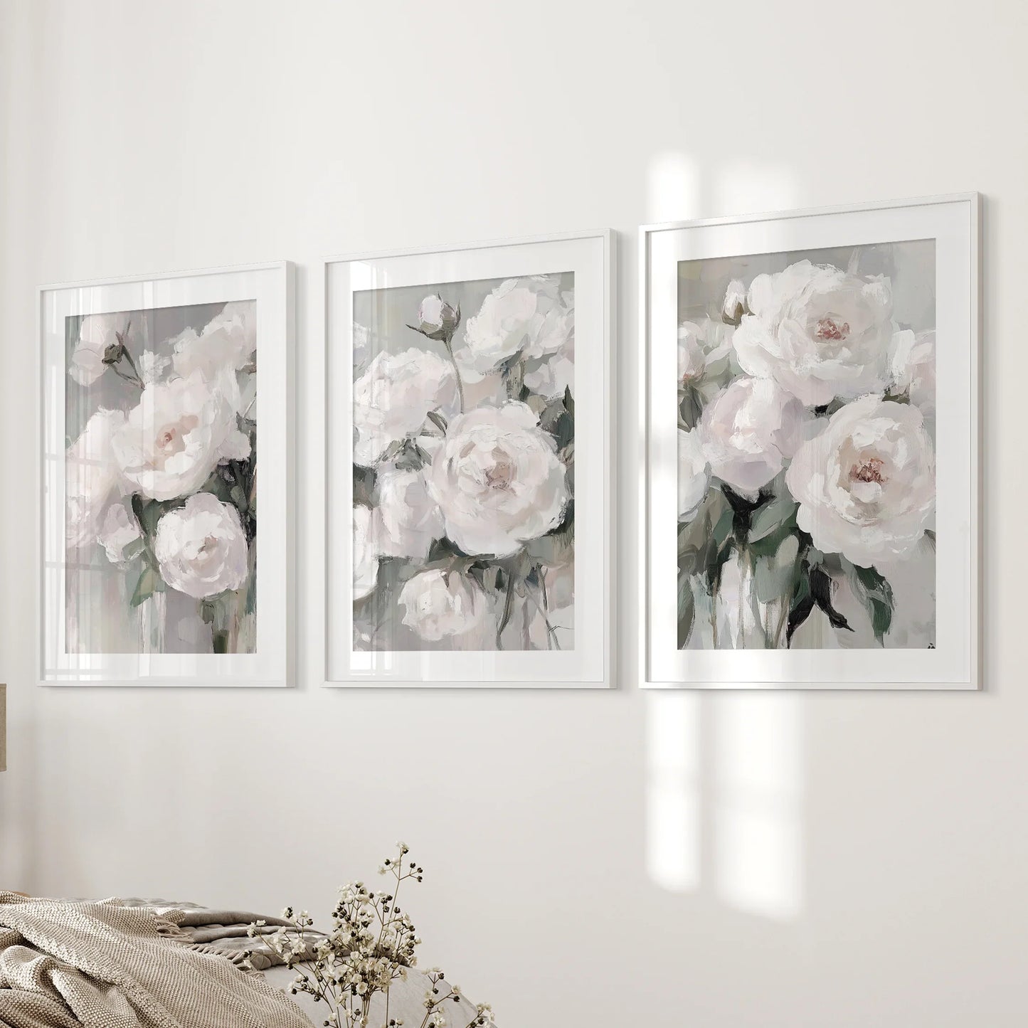 Romantic White Peony Wall Art Set of 3 Floral Prints