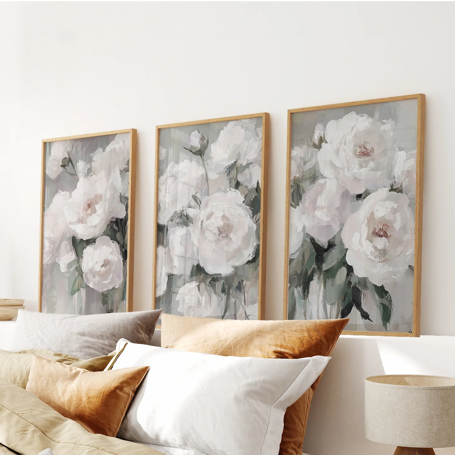 Romantic white peony floral wall art set of 3 prints