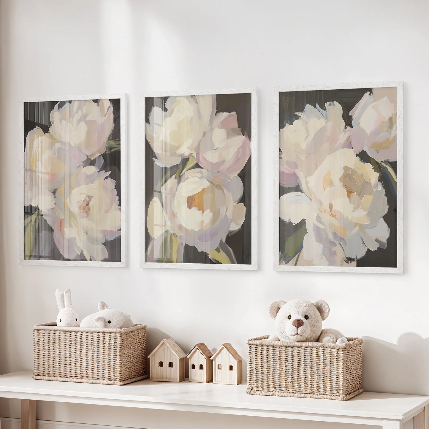 Moody Peony Wall Art Set of 3 Pink and White Floral Prints